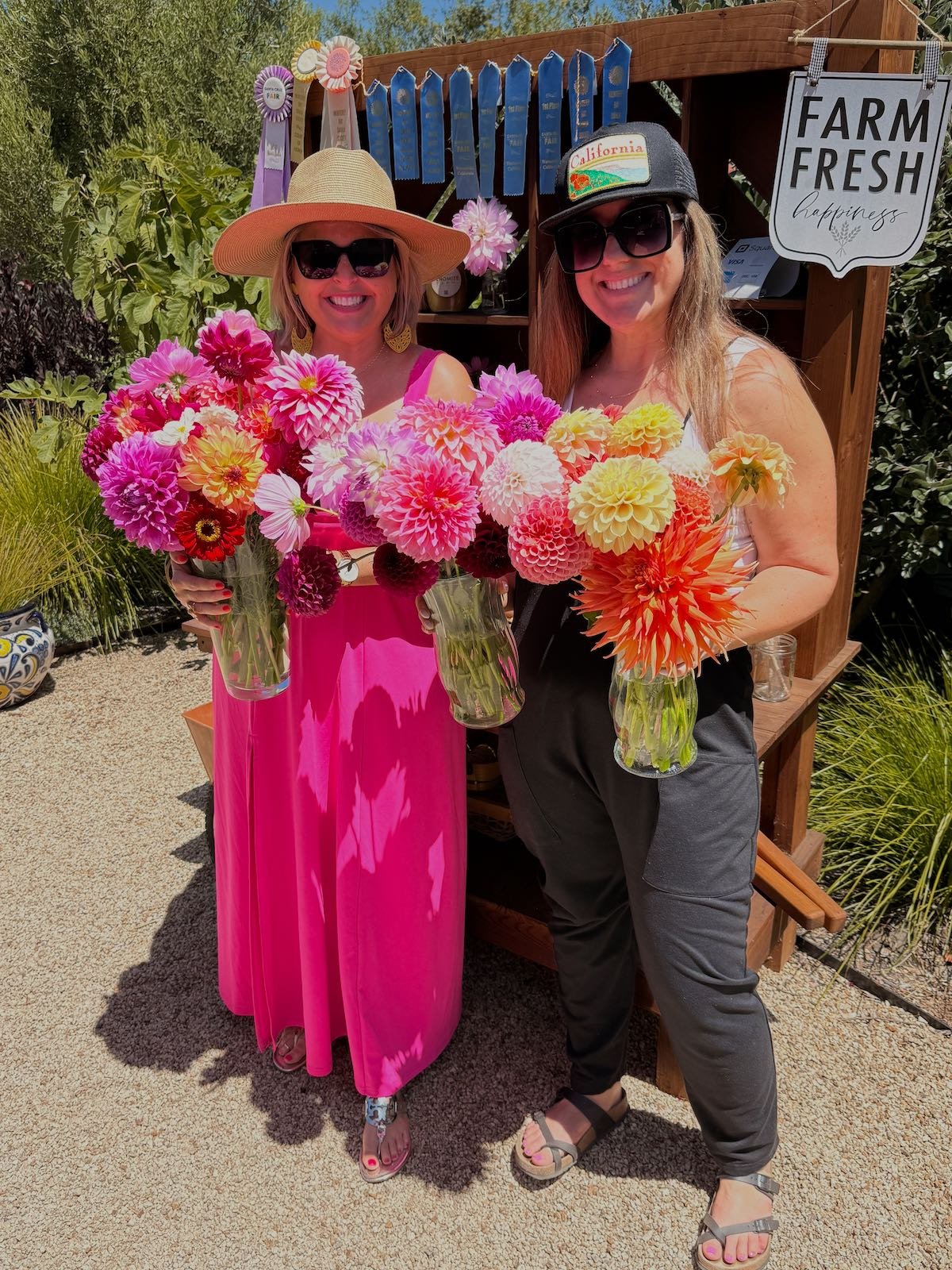How to plant dahlia tubers for blooms like these: two guests holding vases of Dynomite Farm dahlias in Santa Cruz